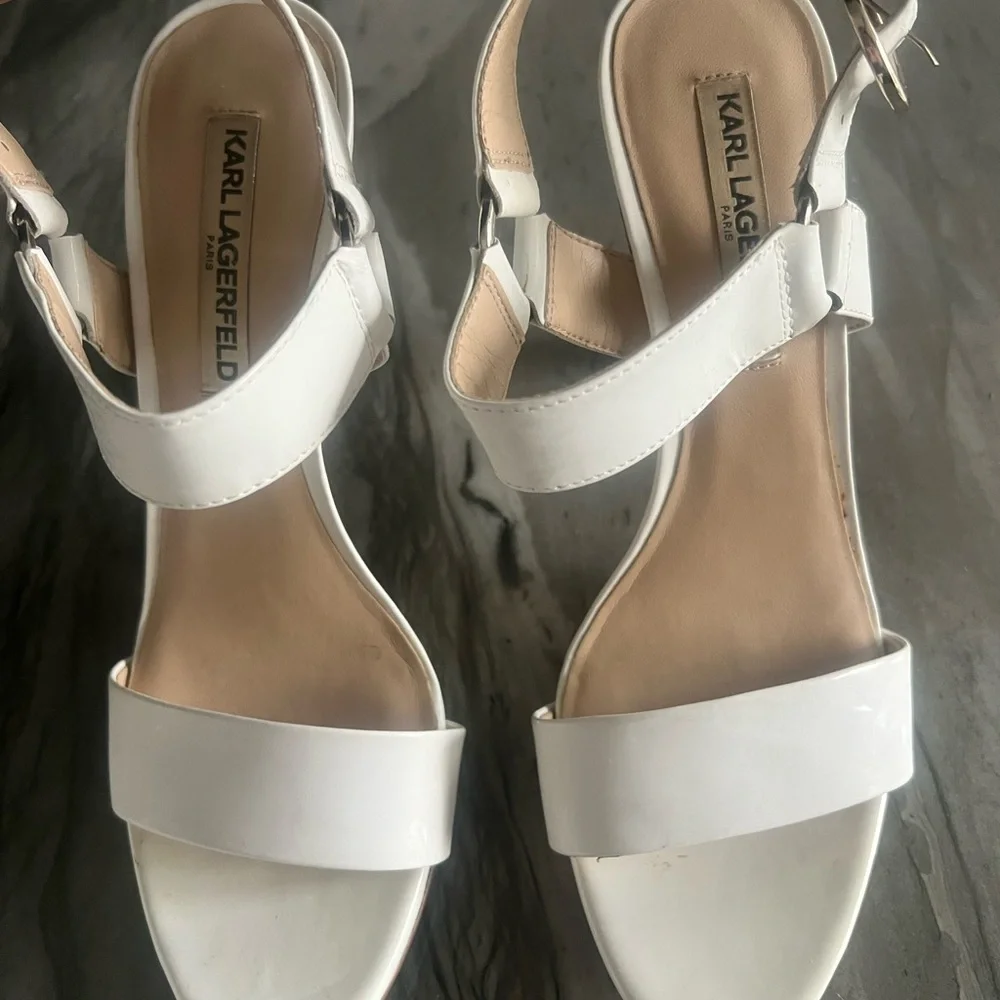 Karl Lagerfeld White Patent High Heel Sandals with Buckle